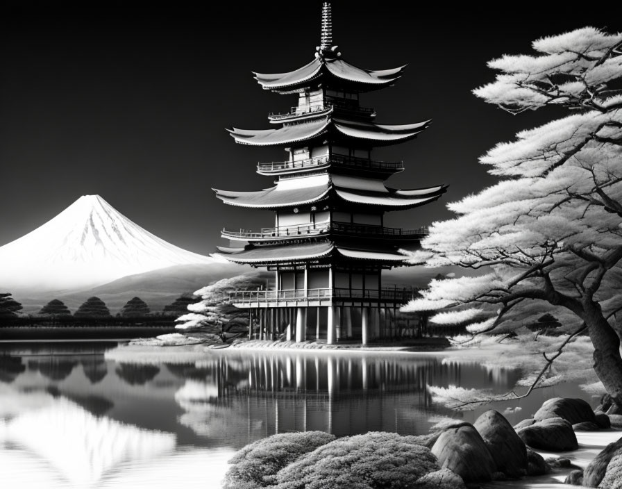 Traditional Japanese pagoda with Mt. Fuji and serene lake in black and white.