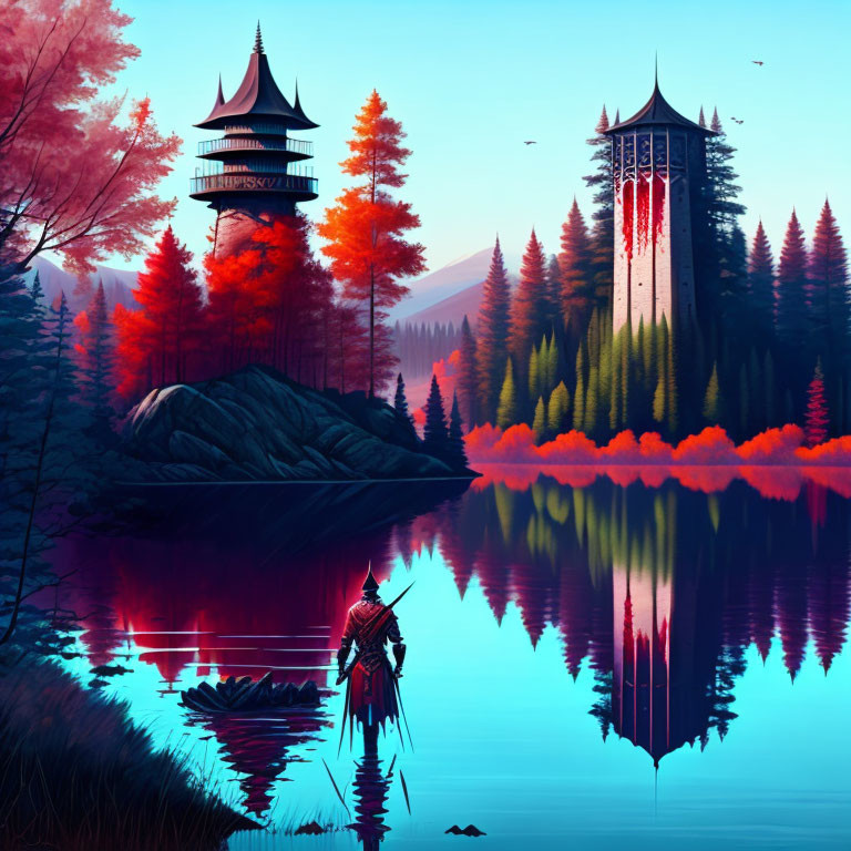 Ancient warrior by lake with pagoda reflection in serene autumn landscape