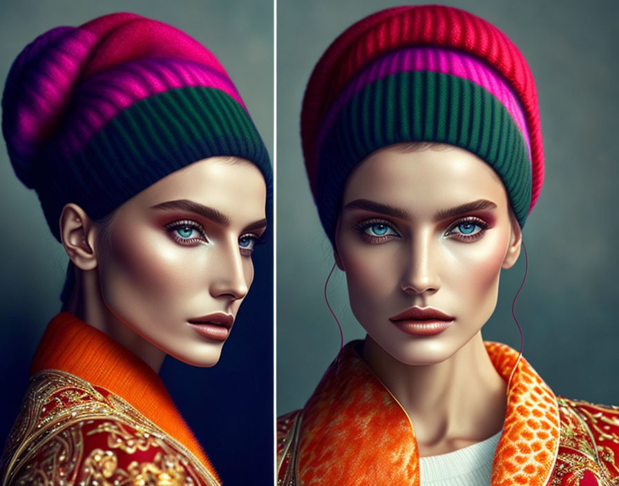 Portrait of model with striking blue eyes in colorful beanies and jackets on dark background