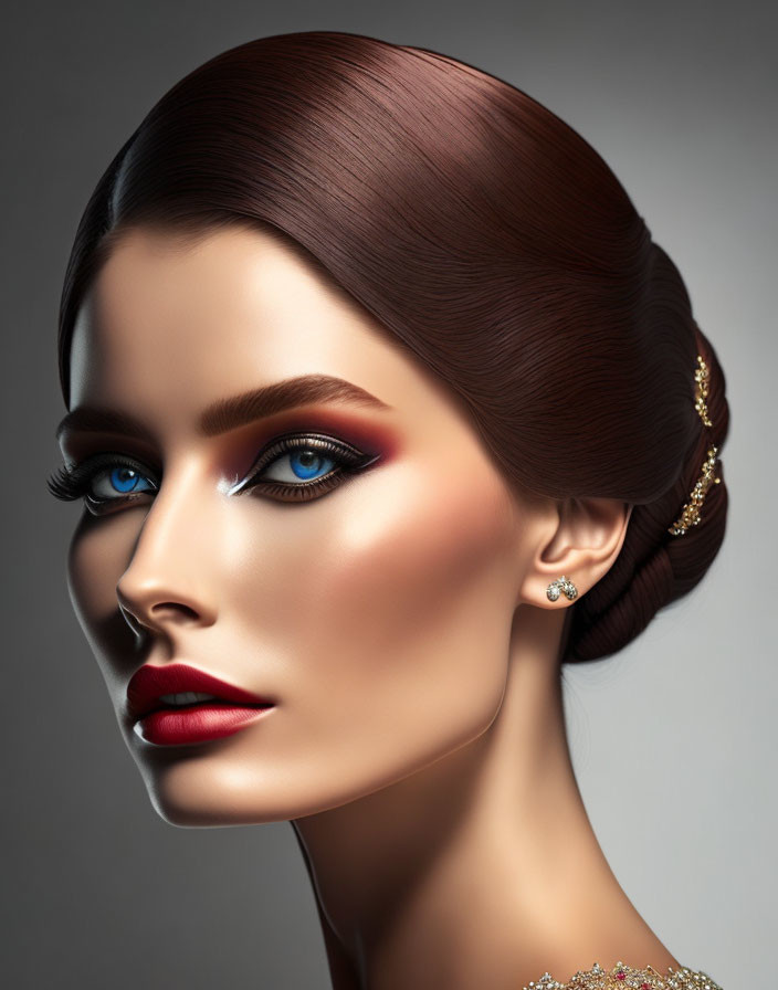 Woman with Elegant Makeup and Blue Eyes in Sleek Updo Hairstyle