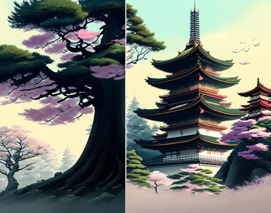 Illustration of ancient pagoda with cherry blossoms, twisting tree, and flying birds