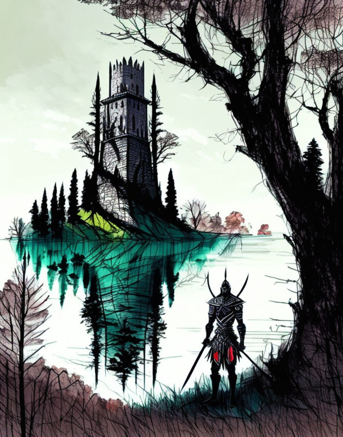 Knight in armor by tranquil lake with dark tower, foreboding sky, and barren trees