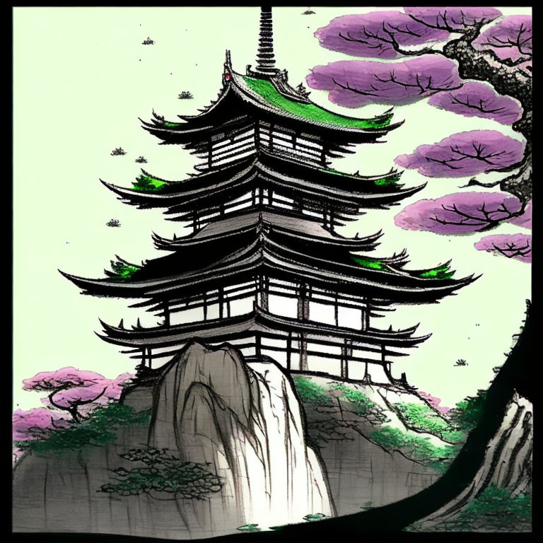 Traditional pagoda on rugged cliff with lush trees and purple foliage under serene sky