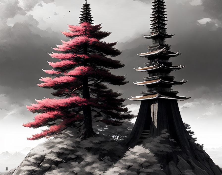 Monochrome illustration of pink-accented trees and pagoda on rocky outcrop