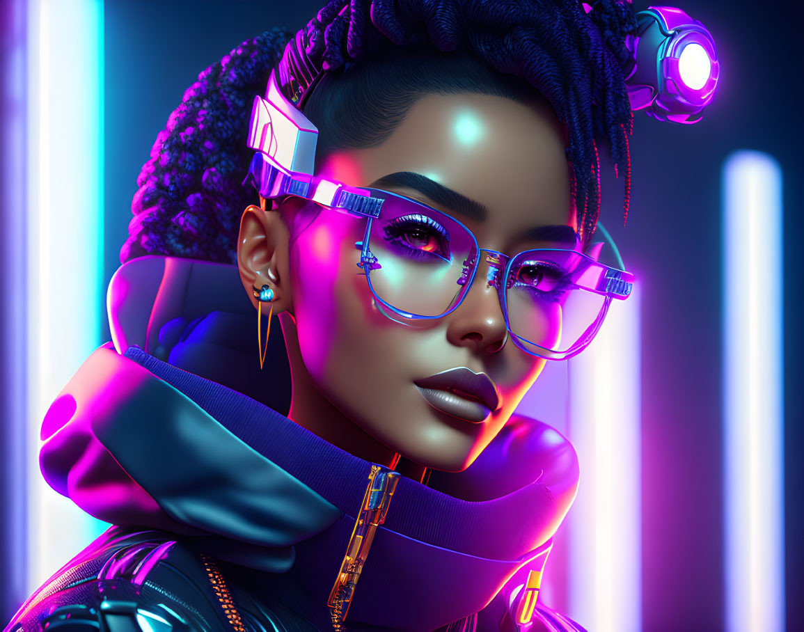 Futuristic portrait of woman with braided hair and reflective glasses