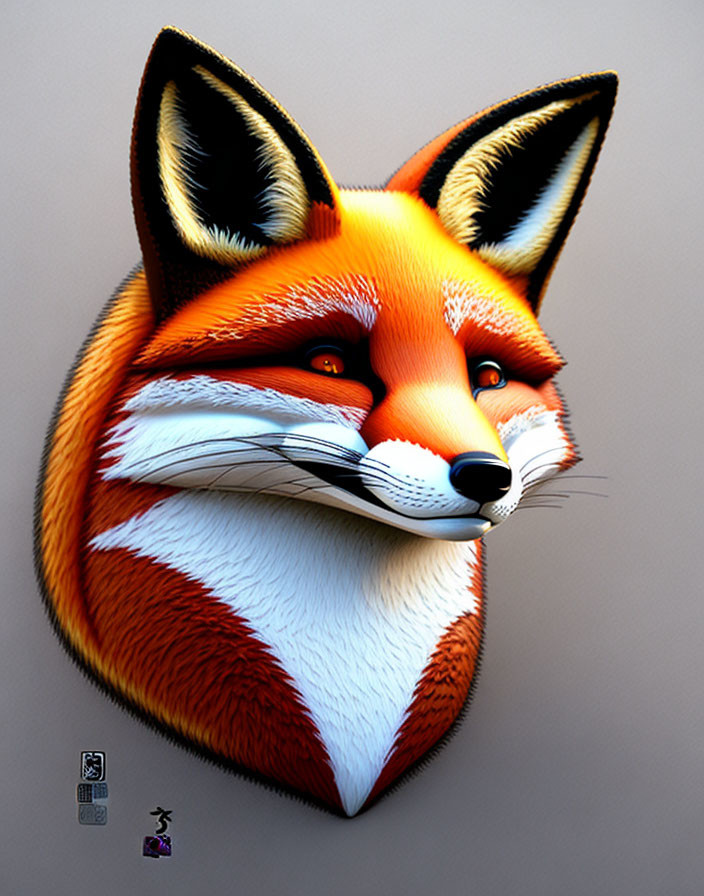 Detailed digital artwork of a fox's head with vibrant fur in orange, white, and black.