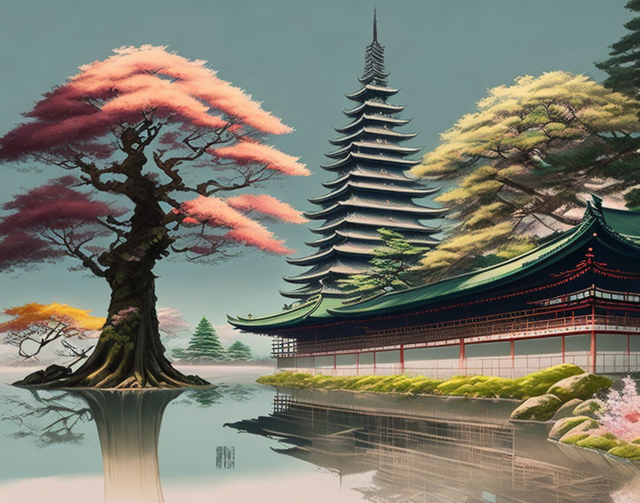Traditional Japanese Pagoda and Shrine Surrounded by Nature