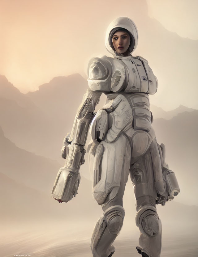 Futuristic astronaut in white spacesuit in misty mountain landscape