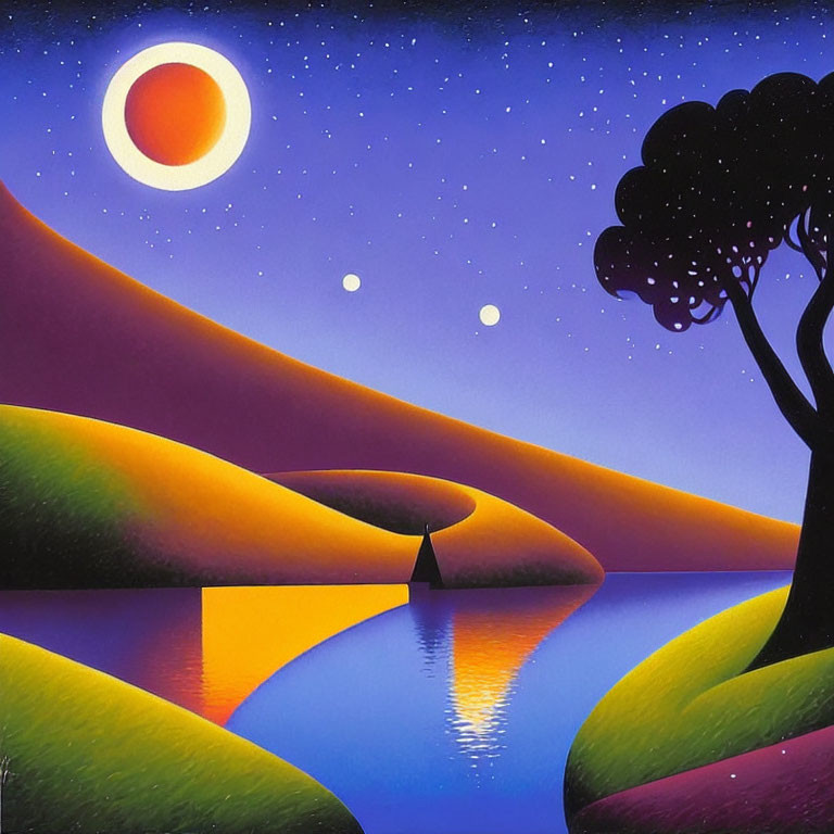 Vibrant landscape painting: rolling hills, river, sailboat, tree, night sky
