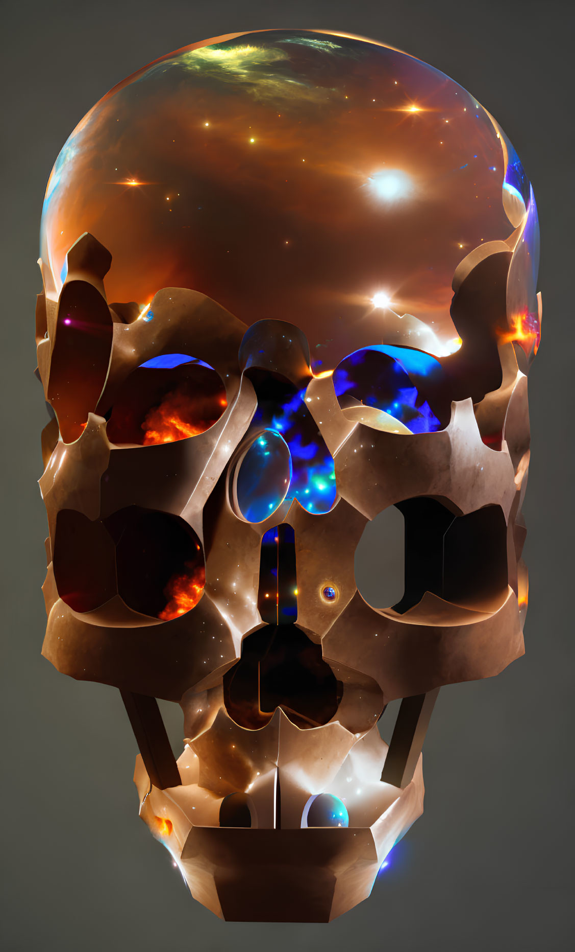 Colorful Cosmic Patterns on Reflective Metallic Skull
