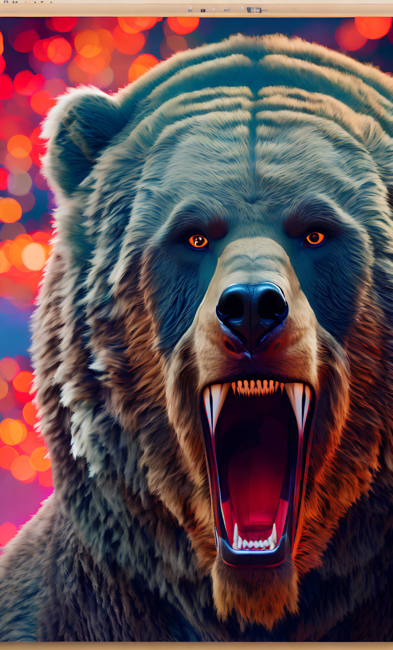 Intimidating bear with sharp teeth on colorful bokeh background