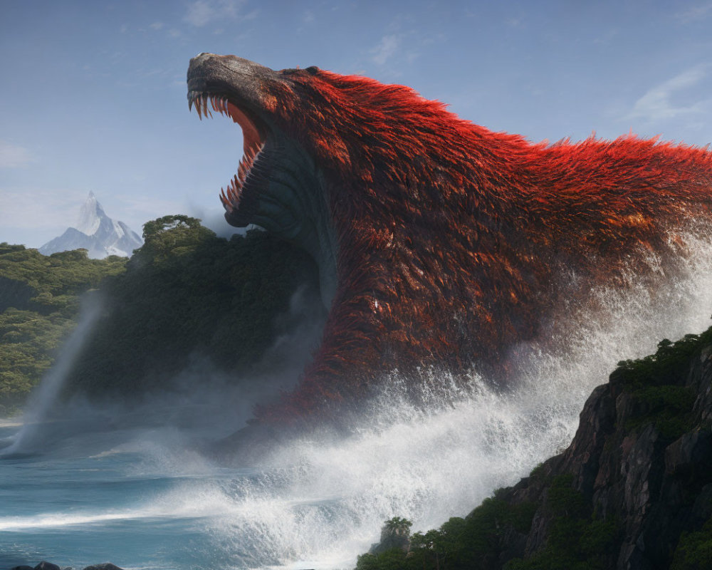 Red-furred Godzilla-like creature roars in misty coastal landscape