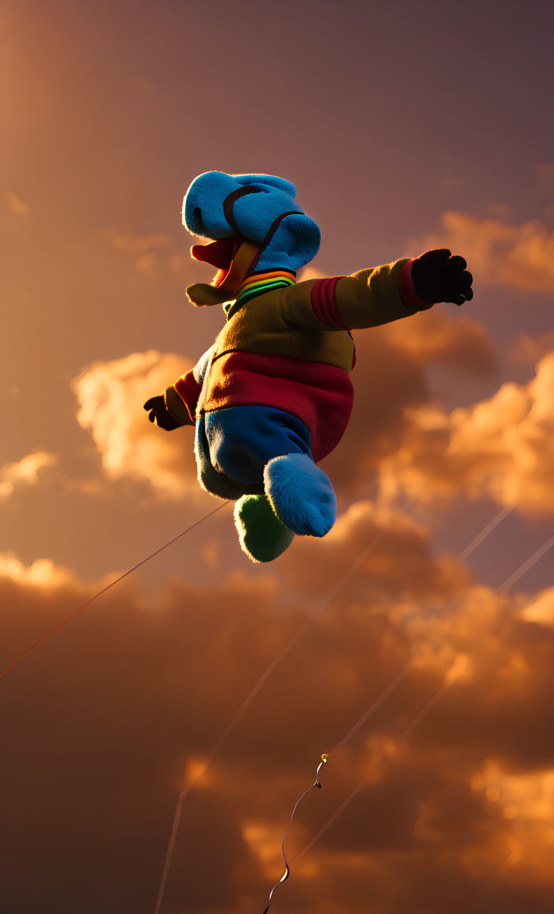 Colorful Cartoon Character Kite Flying in Sunset Sky