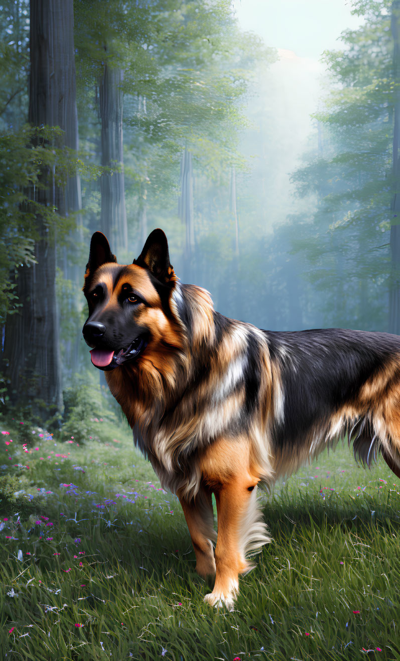 German Shepherd Dog in Sunlit Forest Clearing with Flowering Plants