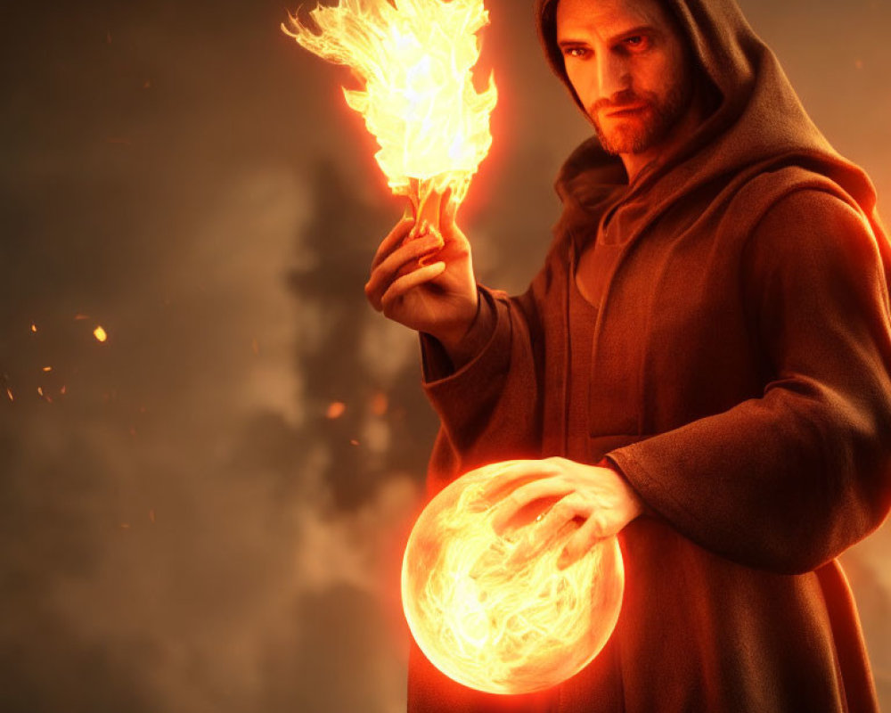 Hooded figure with glowing orb and fiery phoenix on dark background