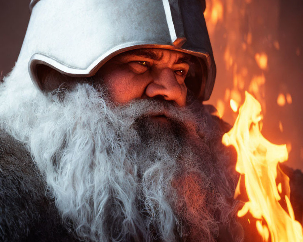 Bearded warrior in helmet with flaming torch and dramatic lighting