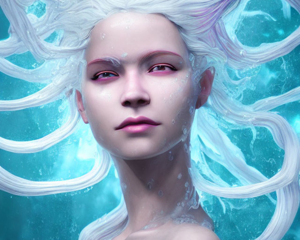 Pale-skinned mystical creature with white hair, red eyes, and bubbles in water
