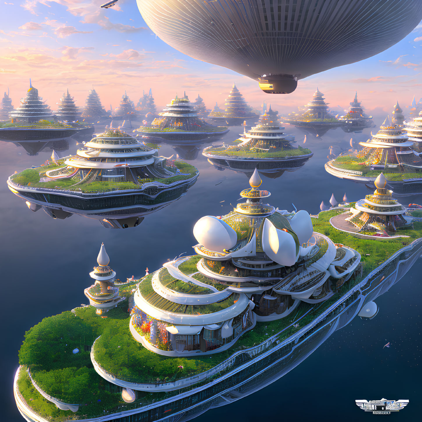 Futuristic cityscape with floating platforms and towering spires