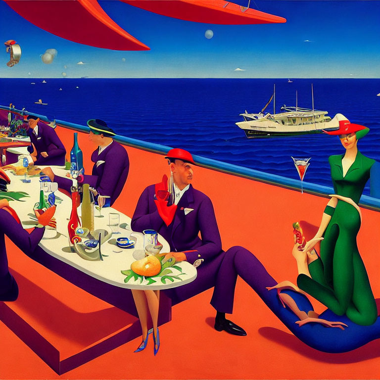 Vibrant surreal painting: elegantly dressed figures on seafront patio with exaggerated proportions.