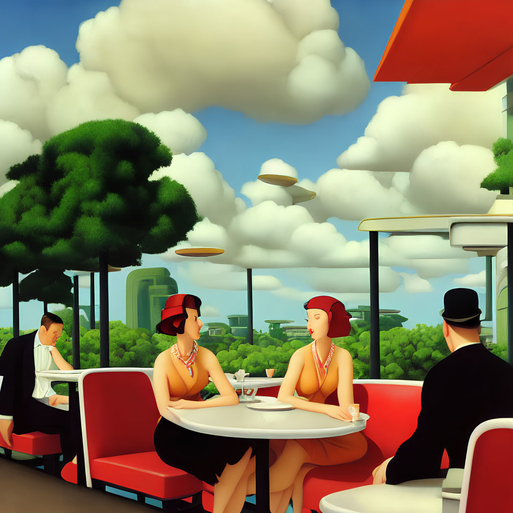 Colorful Artwork: People at Outdoor Café with Futuristic Touches