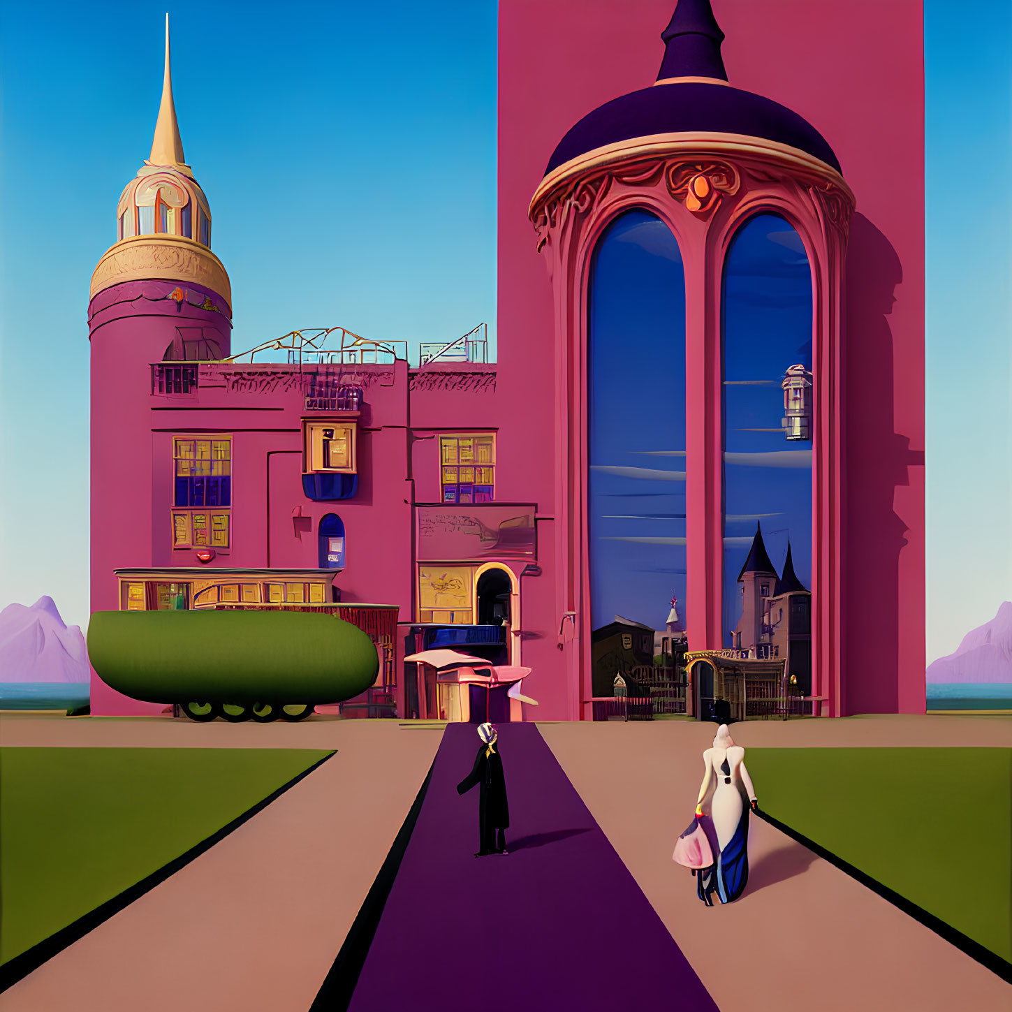 Illustration of two characters near pink building in surreal landscape