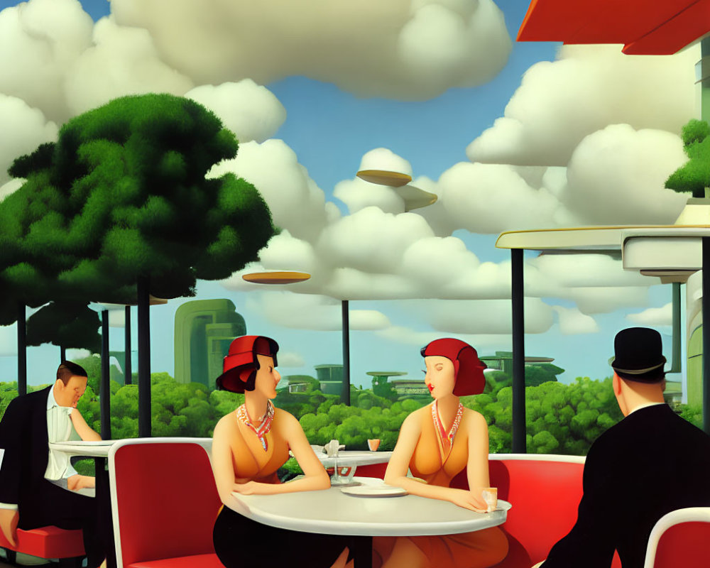 Colorful Artwork: People at Outdoor Café with Futuristic Touches