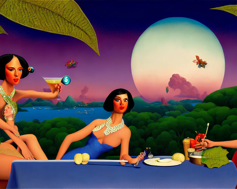 Surreal illustration of two women in glamorous outfits at tropical bar