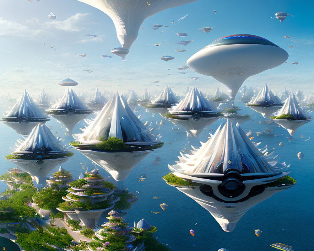 Futuristic City with Floating Structures and Airships