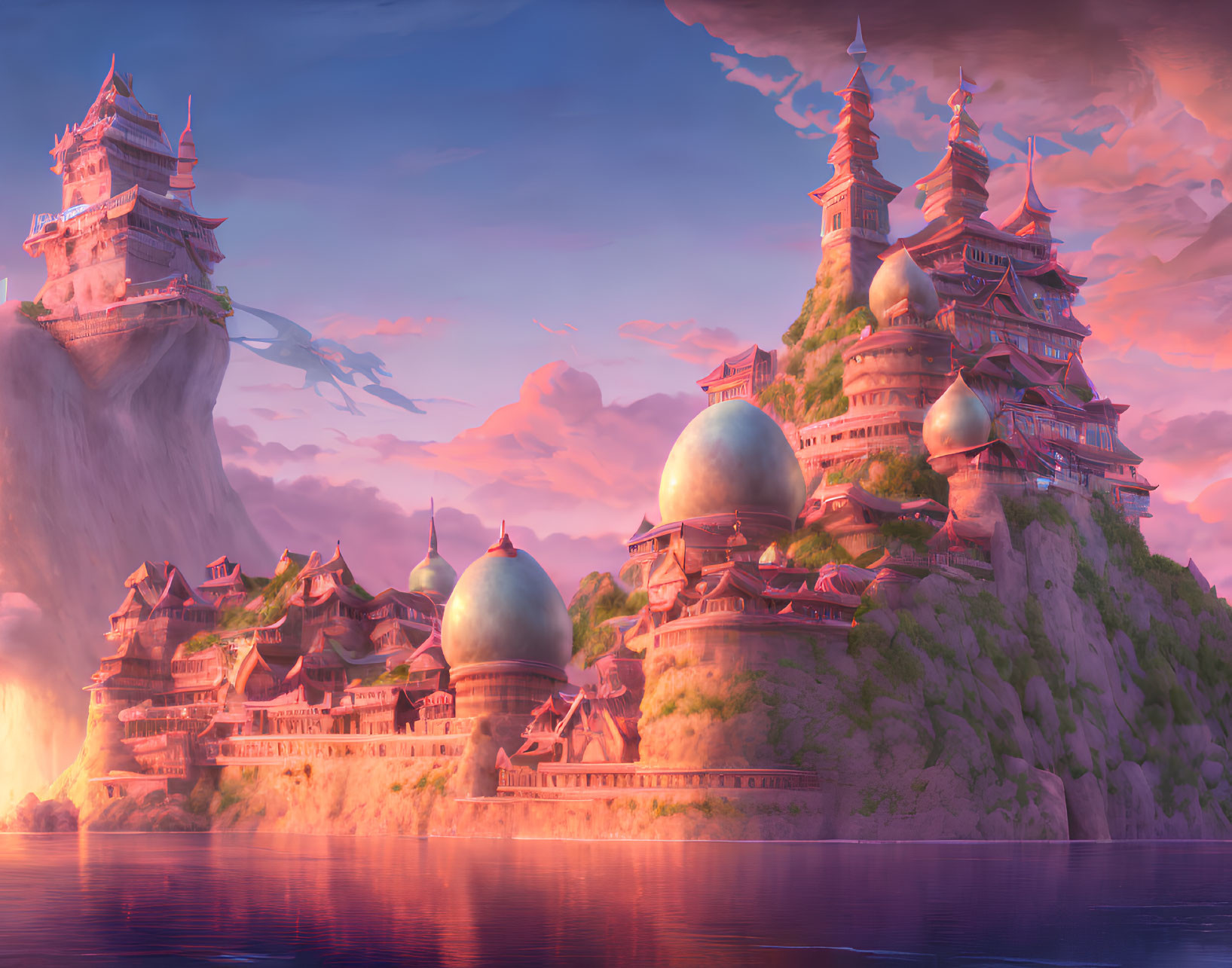 Asian-inspired cliffside village at sunset with ornate buildings, waterfalls, and floating orbs