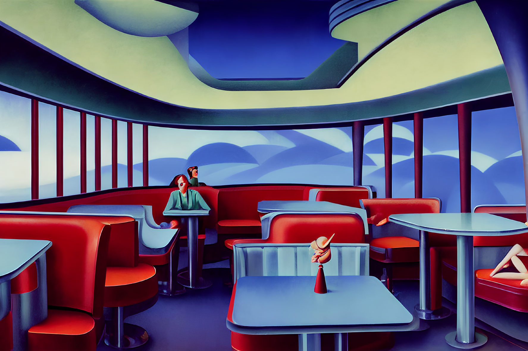 Stylized painting of woman in retro diner with large windows and jukebox