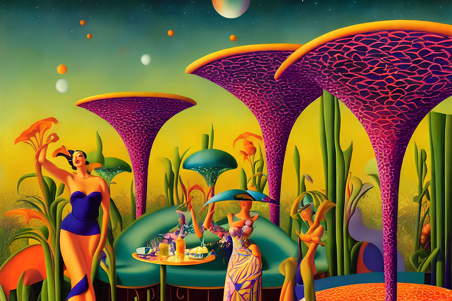 Surreal landscape with elegantly dressed figures and fantastical mushroom structures