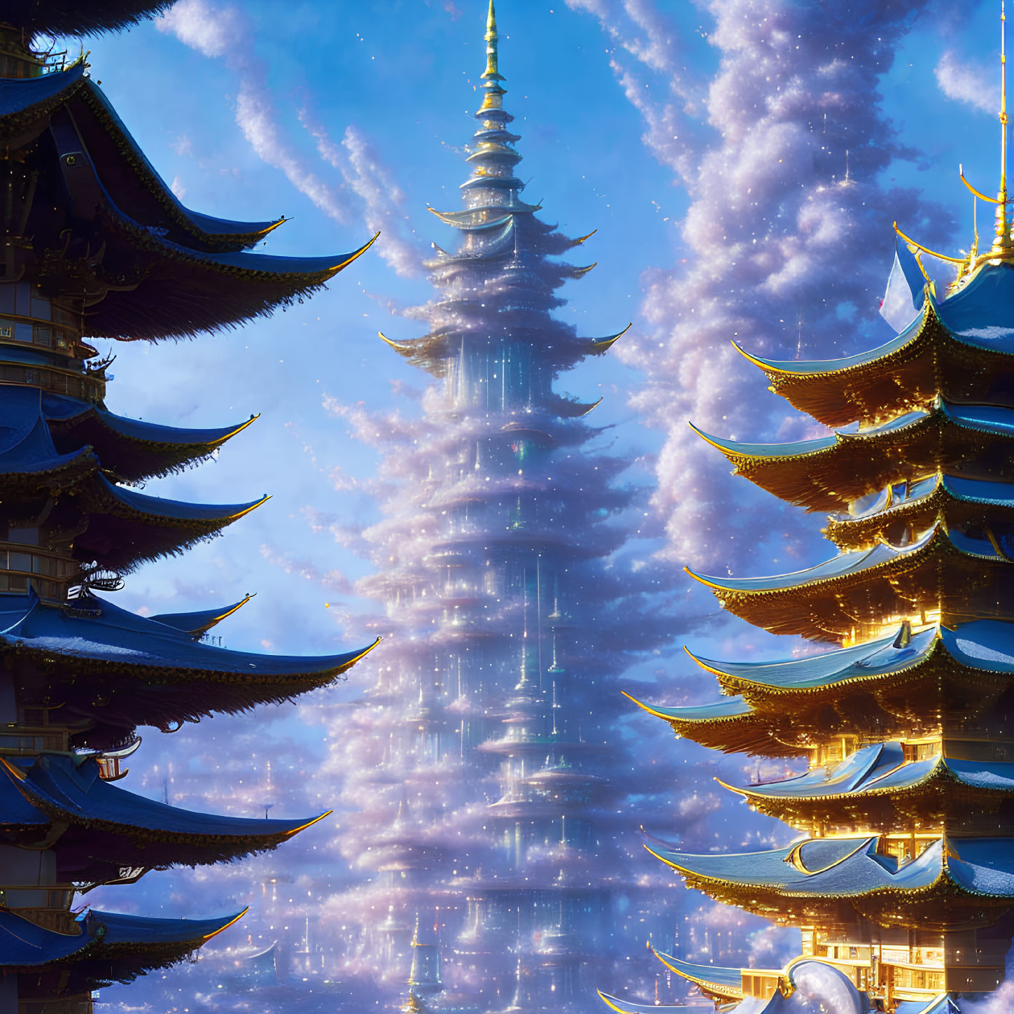 Majestic Pagoda with Golden Eaves Under Starry Sky