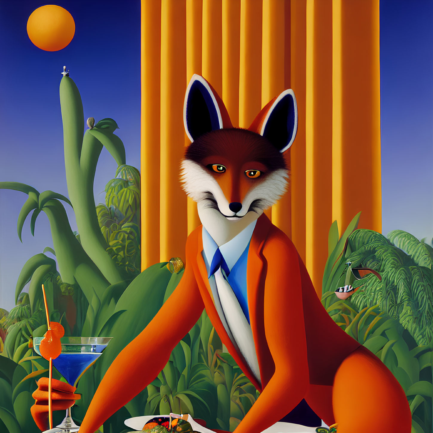 Anthropomorphic fox in suit with cocktail in surreal setting