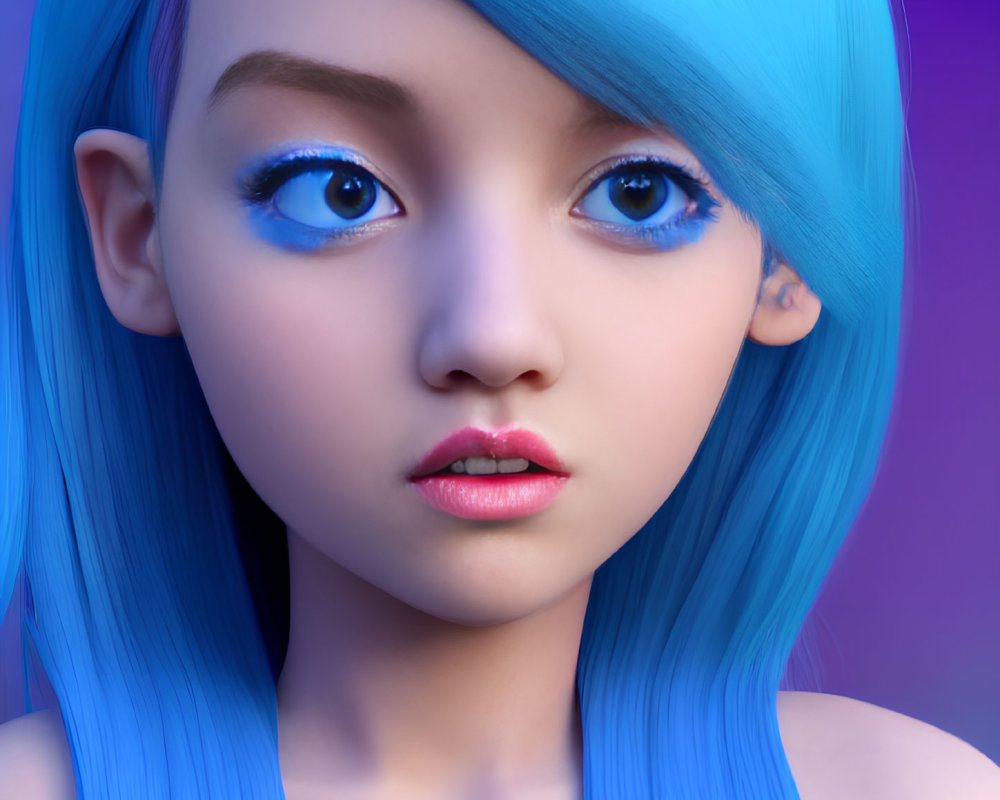 3D-animated character with blue hair and eyes on purple backdrop