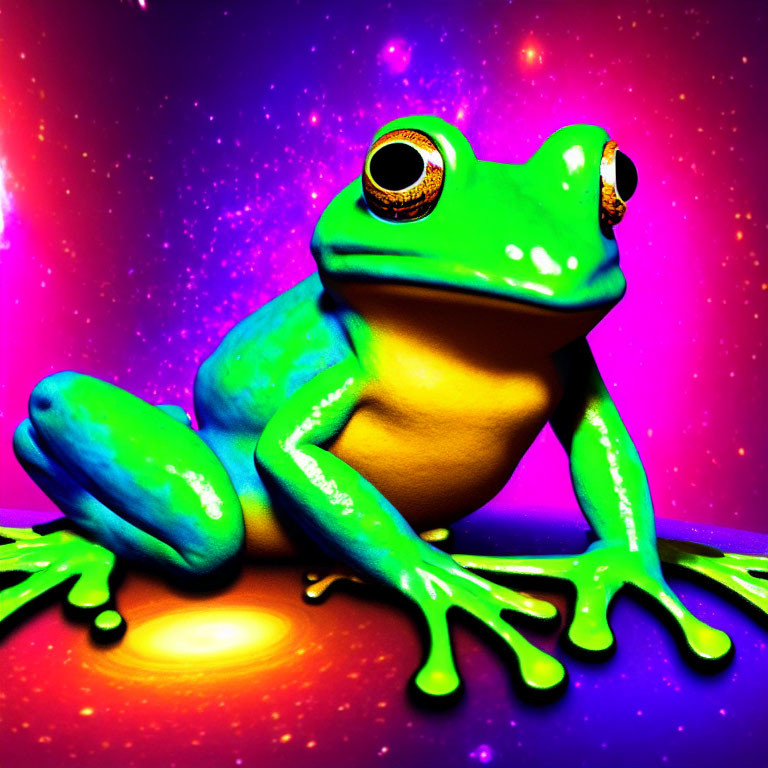 Colorful Frog Artwork on Vibrant Magenta and Purple Background