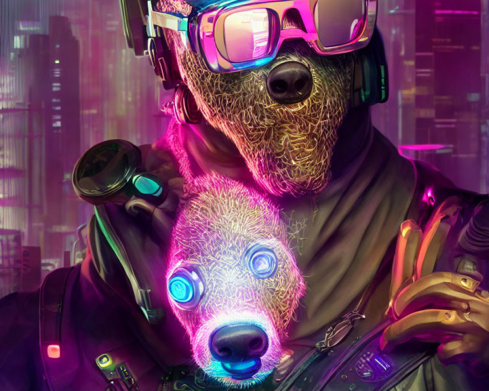 Futuristic stylized image: sloth in neon glasses with opossum