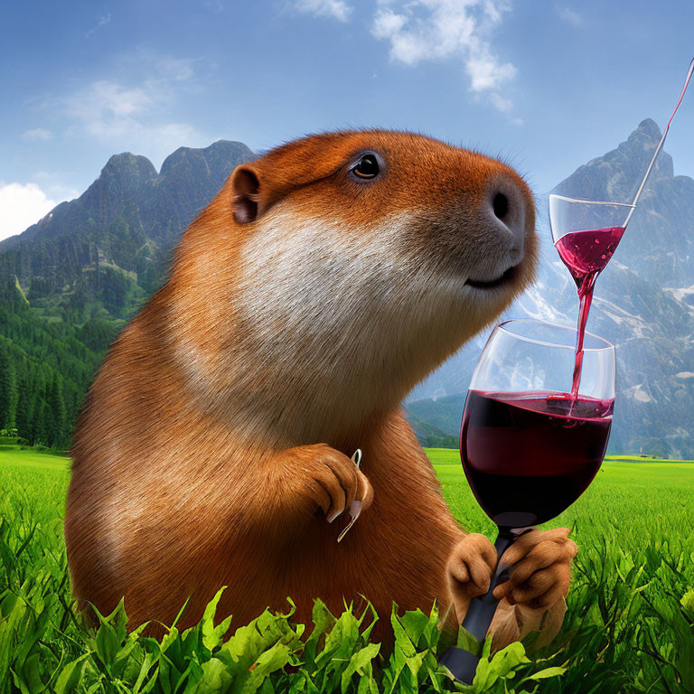 Capybara holding wine glass in scenic landscape