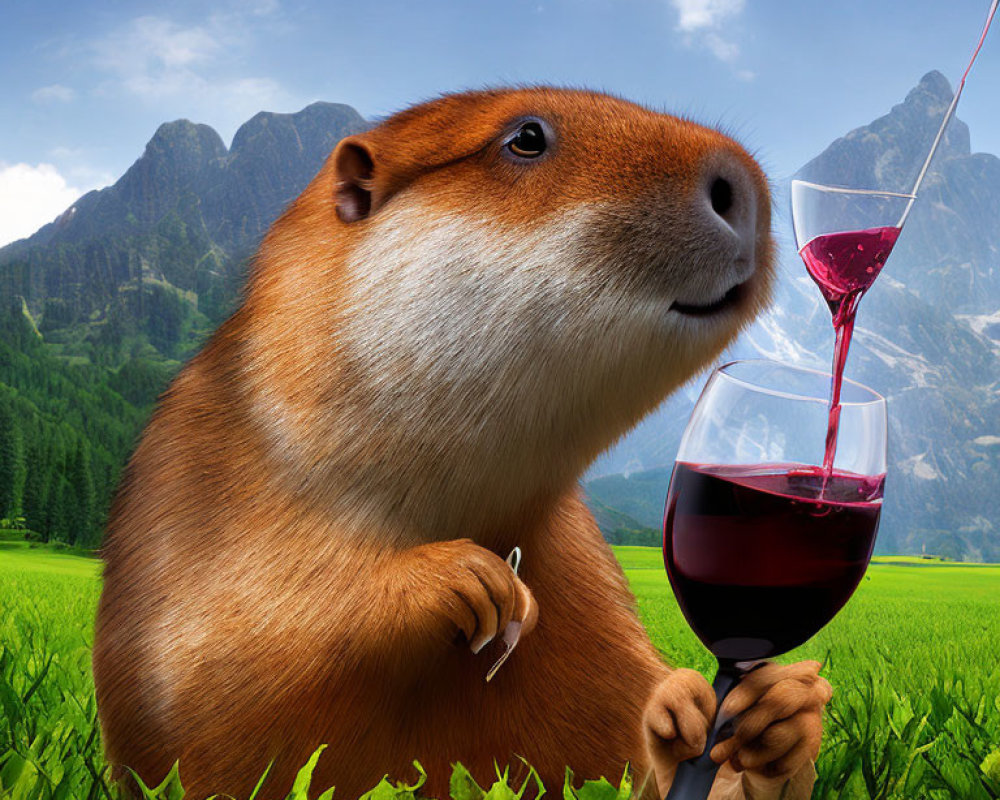Capybara holding wine glass in scenic landscape