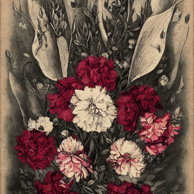 Detailed Vintage Red and White Flower Illustration in Sepia Tone