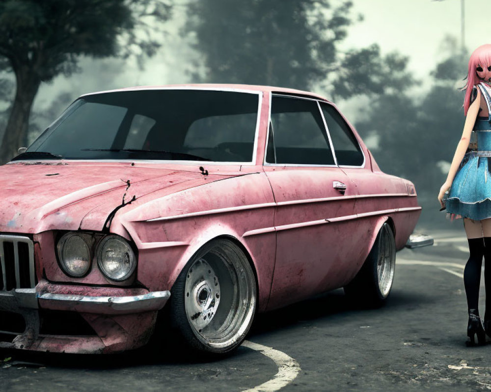 Pink-haired anime-style girl next to vintage pink BMW in misty scene