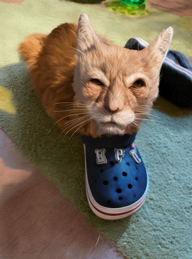 Ginger cat poking head through blue Croc-style shoe in sunlit room