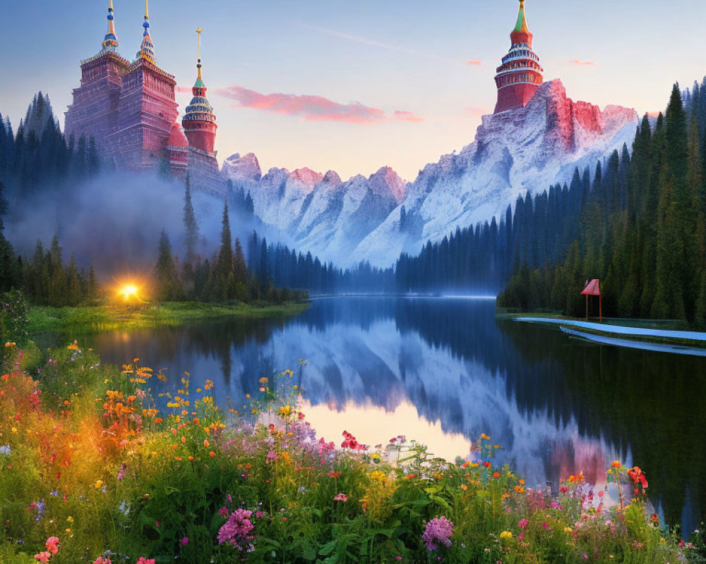 Scenic sunrise over lake, mountains, towers, wildflowers & mist