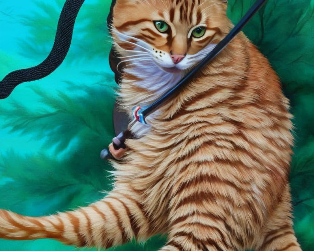 Orange Tabby Cat with Blue Bow Tie on Green Background with Leash