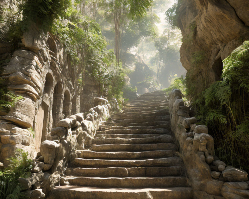 Stone staircase in lush forest with sunlight filtering through trees