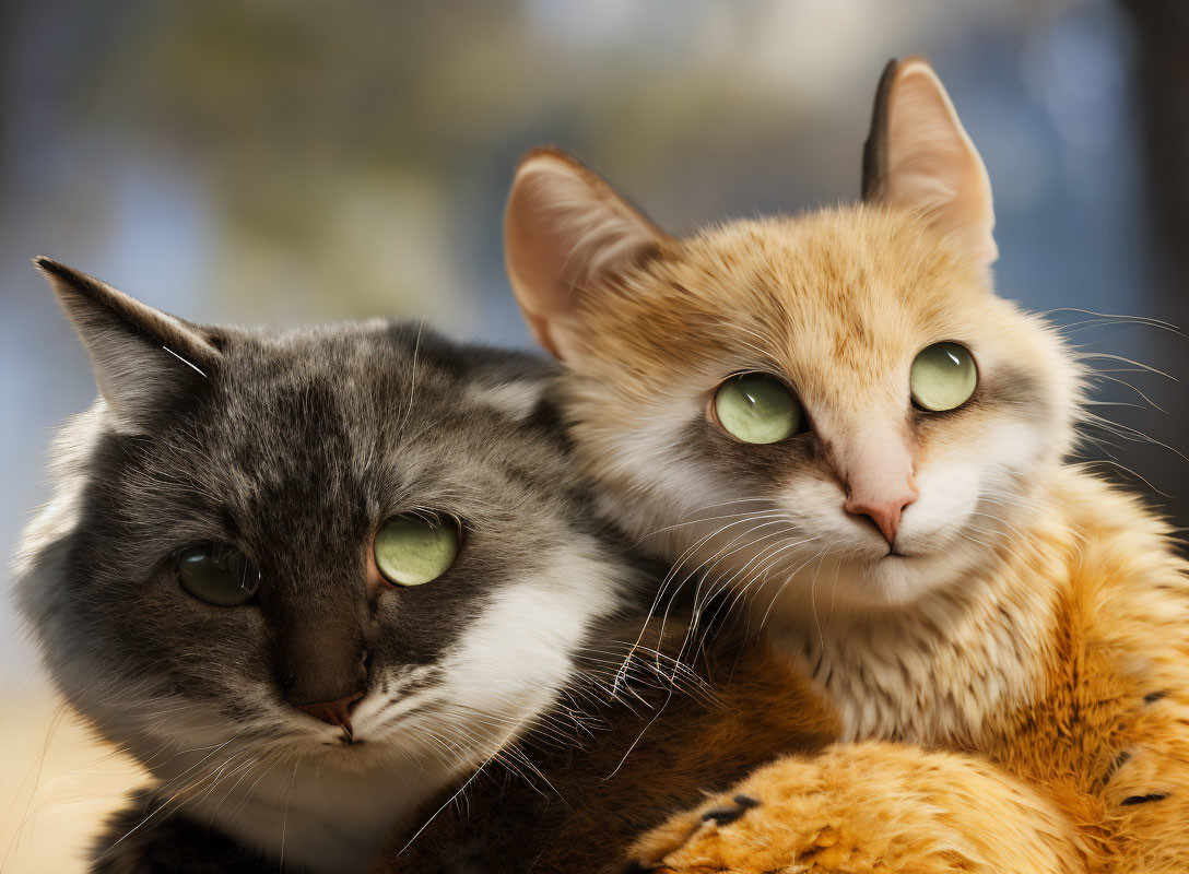 Two Cats Close Together: Grey Striped and Orange & White with Green Eyes