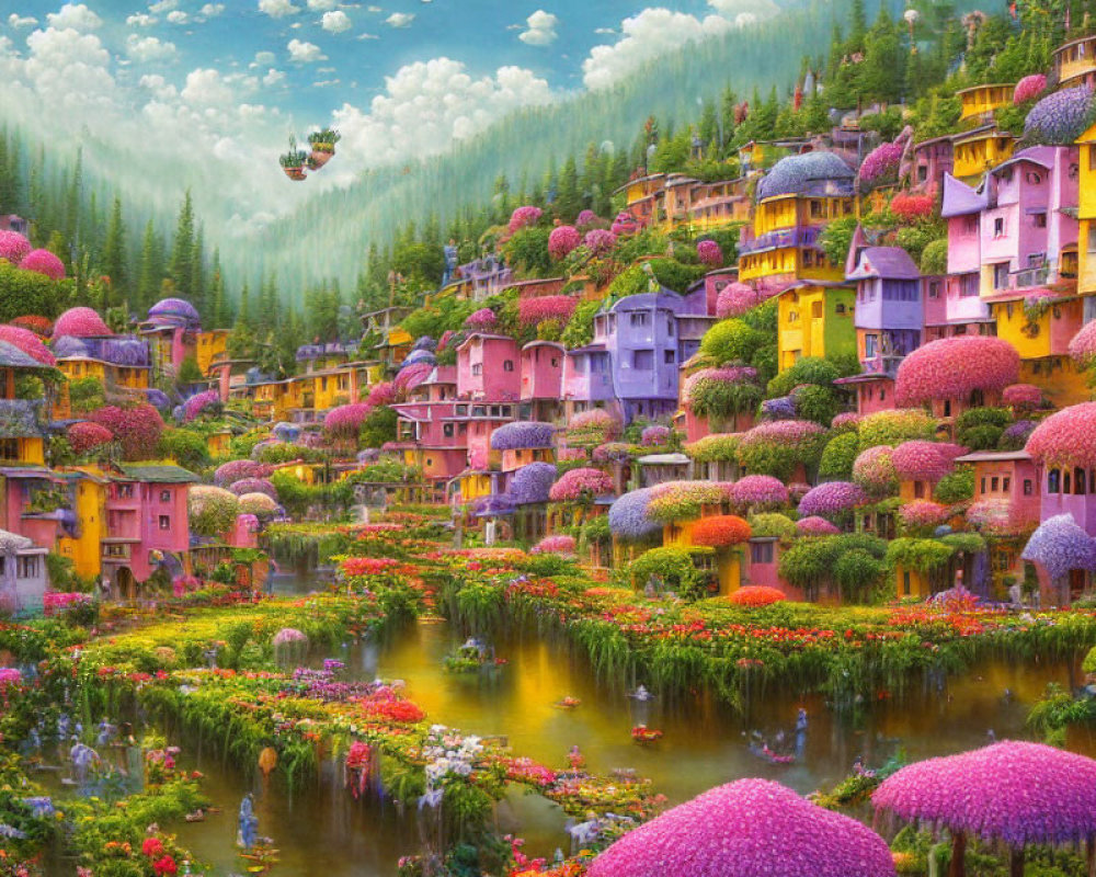 Colorful fantasy village with pink roofs in lush greenery, hot air balloon in misty sky