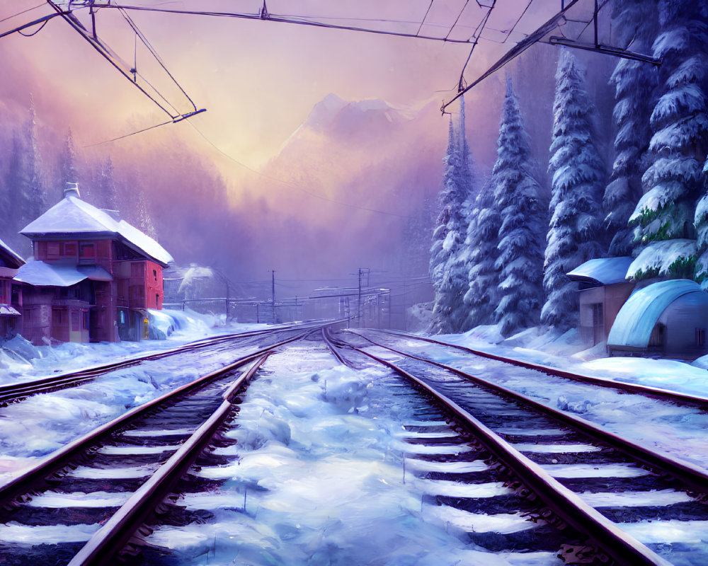 Snowy landscape with railroad tracks, station, frost-covered trees, and mountains at dusk.