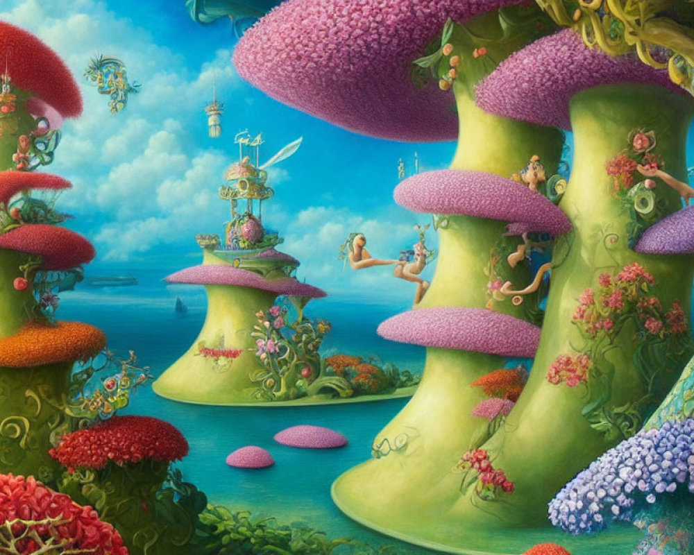 Colorful whimsical landscape with mushroom-like trees and tiny figures.