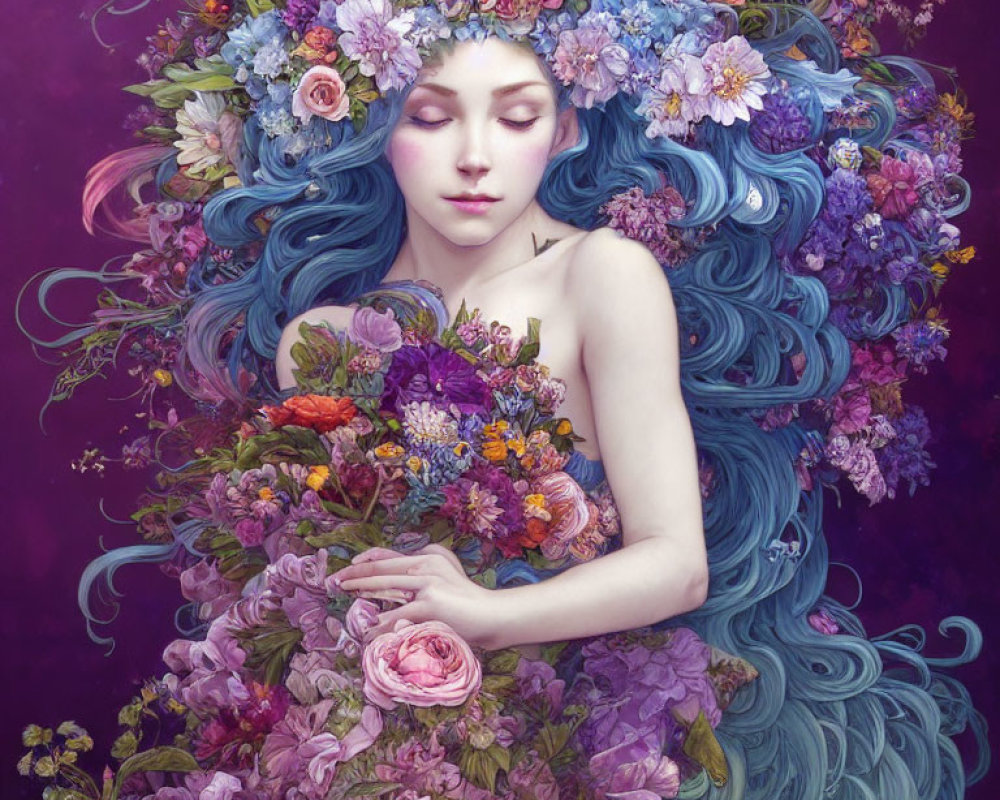 Blue-Haired Woman Surrounded by Flowers in Dreamlike Setting