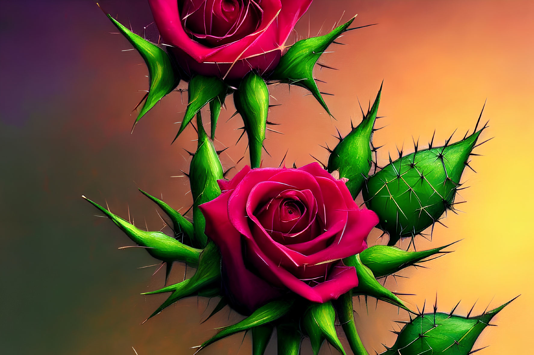 Vibrant pink roses with green thorns on orange and purple background
